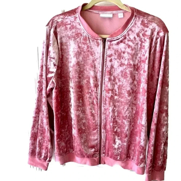 Crushed Velvet Bomber Jacket  Women's Large Pink Front Zipper Lightweight Top - Picture 1 of 16